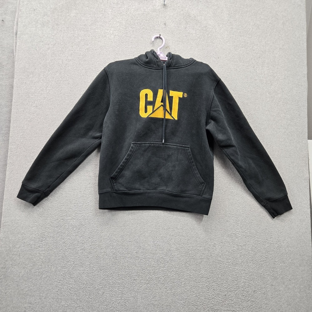 CAT Men Hoodie M Black Embroidered Fleece Logo Activewear Hooded Stretch Pockets